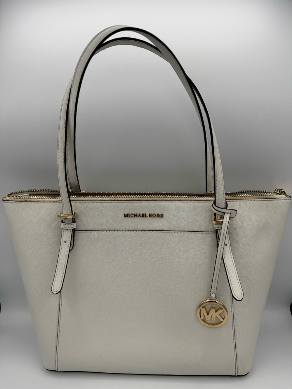 Michael Kors Ciara Saffiano Leather Optic White Top Zip Tote with Gold Hardware